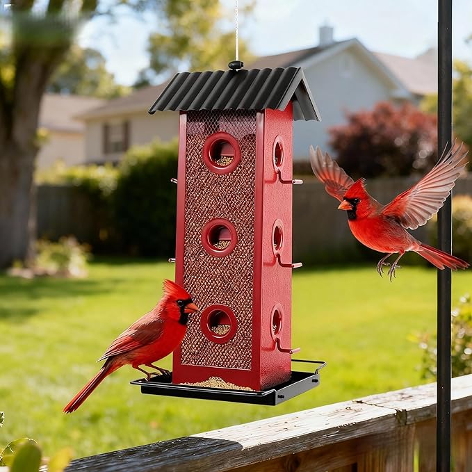 All Metal Bird Feeder for Outdoors Hanging | 14-Port Multi-Bird Viewing | Rust-Proof, Waterproof & Easy-Clean | Attracts Cardinals, Finches, Chickadees & More (Cardinal with Black Base)