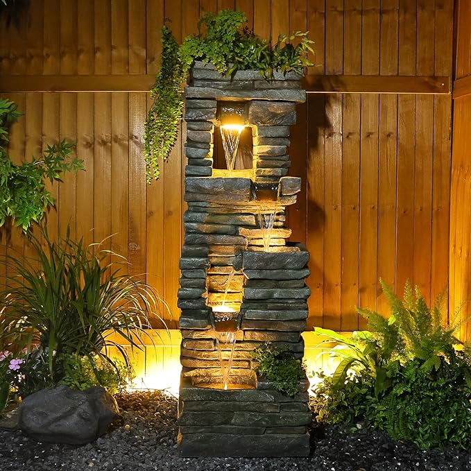 60 inches Large Outdoor Water Fountain Waterfall โ Garden Rock Fountains 4-Tiered Waterfalls Outdoor with Lights Natural Stone Look Hollow Fountain for Patio Pool Porch Backyard, Stone Gray