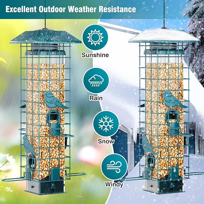 Squirrel Proof Metal Bird Feeder, Removable Base for Easy Cleaning, Weight Activated Cage, 3 Lbs Capacity, Sturdy and Rust-Resistant, Tube Bird Feeder for Outdoor Cardinals, Finches