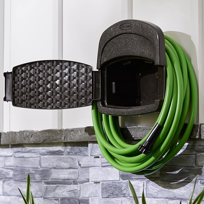Suncast 2 Pack Hangout 150 Foot Resin Wicker Mounted Garden Storage Hose Rack, Brown