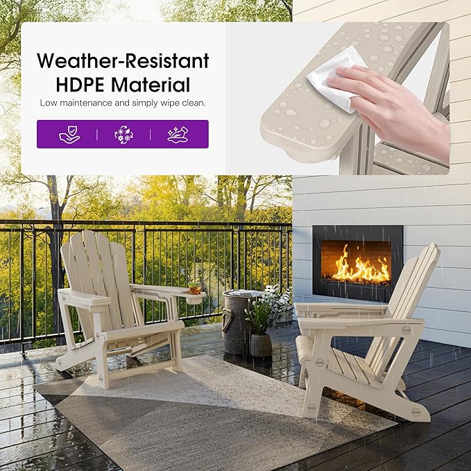 PURPLE LEAF Adirondack Chair Set of 2 HDPE All-Weather Outdoor Fire Pit Chair with 24.6" Oversized Seat Wood-Textured Patio Adirondack Chair with Dual Cup Holders for Garden Deck Backyard, Champagne