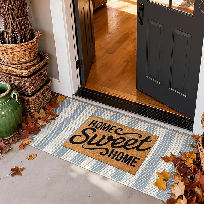 Boho Striped Outdoor Mats for Front Door 2'x4.3',Blue and Cream Washable Rug Runner,Cotton Hand Woven Indoor Outdoor Rugs,Foldable Farmhouse Layered Door Mats for Entryway