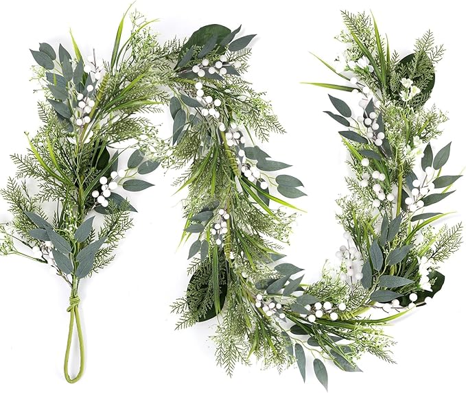 6.5 Ft Artificial White Flowers Garland Spring Summer Swags White Wild Flower with Berries Garland Vine for Wedding Front Door Porch Table Indoor Door Home Mantle All Year Decoration