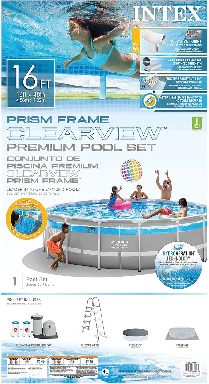 INTEX 26729EH 16ft x 48in Prism Frame Clearview Above Ground Swimming Pool Set, Includes 1500 GPH Cartridge Filter Pump, SuperTough Puncture Resistant, Rust Resistant, 5061 Gallon Capacity