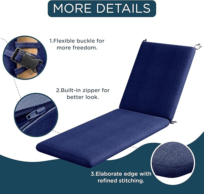 Codi Outdoor Chaise Lounge Chair Cushions 80"x26"x3.5" – Linen Texture, Fade Resistant, Waterproof, Removable Cover, Thick Soft Padding for Patio Furniture & Pool Relaxation, Navy Blue