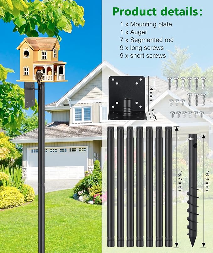 Heavy Duty Bird Feeder Pole - 109 Inch Tall Adjustable Bird House Pole with Auger Base for Easy Install, 1 Inch Diameter Metal Mount Kit for Bluebird Houses, Hummingbird Feeders & Wildlife Watching