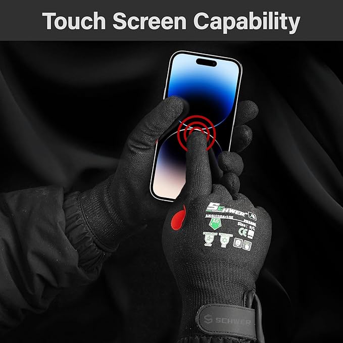 FreezeGuard Winter Work Gloves for Men and Women, ANSI A6 Cut Resistant Gloves With Super Grip, Freezer Glove for Work, Touchscreen, Thermal Insulated, PR3388, Non PFAS, Black Knight (M, 1 Pair)