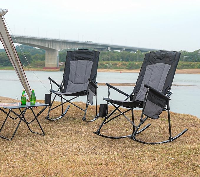 Romswi 2 Pack High Back Portable Rocking Chair with Hard Armrests, Oversized Folding Rocker Camping Chairs for Outdoor, Heavy Duty 400 lbs Patio Lawn Chairs