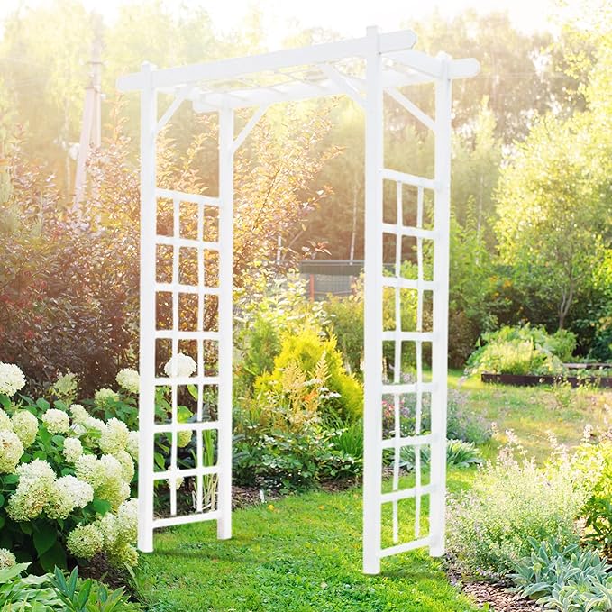 Dura-Trel Elmwood Arbor, Vinyl Garden Archway for Outdoors, 57" x 85", White - Backyard Decorative Arch for Pathways & Entrances w/ Trellis Sides for Climbing Plants, Vines & Flowers