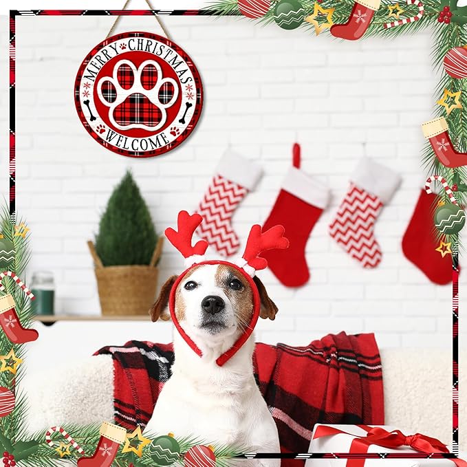Christmas Dog Paw Welcome Door Sign for Front Door Decor, Pet Red Plaid Wooden Hanging Plaque Farmhouse Rustic Outdoor Indoor Wall Decoration for Home Porch Yard Winter