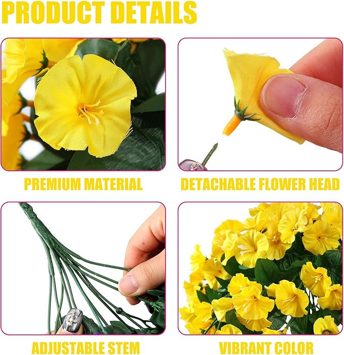 Sggvecsy Artificial Fake Hanging Flowers Plants for Outdoor Outside Spring Summer Decoration 2PCS Faux Silk UV Resistant Realistic Morning Glory Trailing Vines for Home Porch Patio Balcony(Yellow)