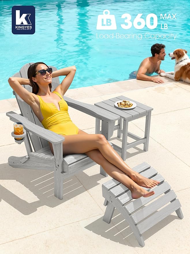 KINGYES Folding Adirondack Chair, HDPE All-Weather Patio Chairs with Cup Holder, Wooden Textured Fire Pit Chairs for Poolside, Backyard, Deck, Silver Grey