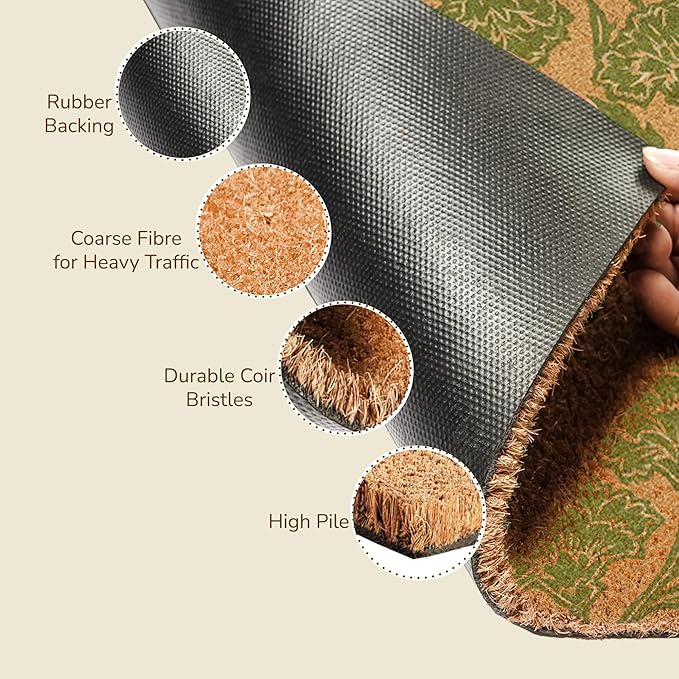 Coir Door Mat, Floral Print Entryway Floor Mats with Non-Slip PVC Backing, Indoor Outdoor Mat for Front Door Decor, Door Mat, Welcome Mats with Chelsea Flower Print, Green, 30”x 17”