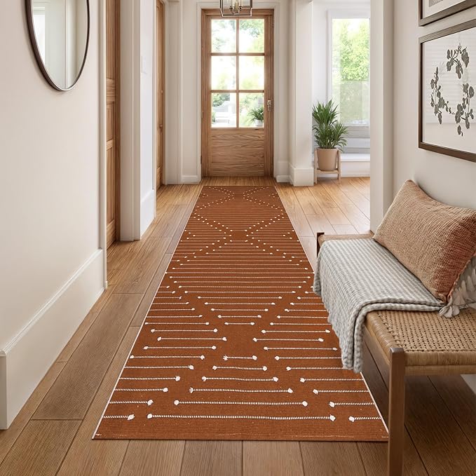 LIVEBOX Burnt Orange Runner Rug- 2x8 Runners for Hallway Kitchen, Cotton Blend Long Entryway Area Rugs, Boho Washable Long Mat Fall Halloween Decor Rugs