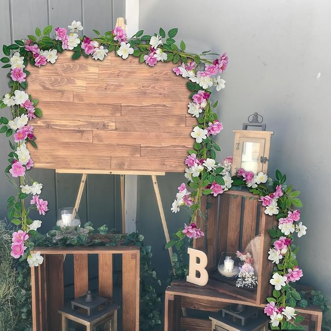 2 Pcs Artificial Flowers Garland for Outdoors Faux Gardenia Garland 12Ft Purple and White Silk Rose Hanging Vines Floral for Wedding Arch Party Wall Garden Ceremony Backdrop Fence Spring Decor