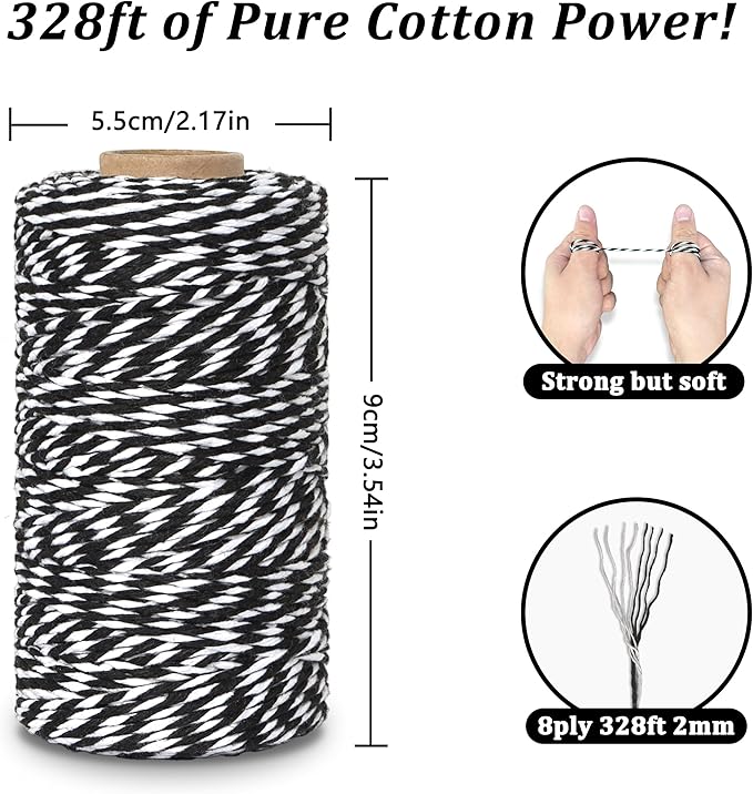 Cotton Twine String, 328 Feet Black & White - Christmas Twine for Gift Wrapping, Crafts, Baking, Butchers, Holiday Decorations, DIY, Kitchen & Gardening