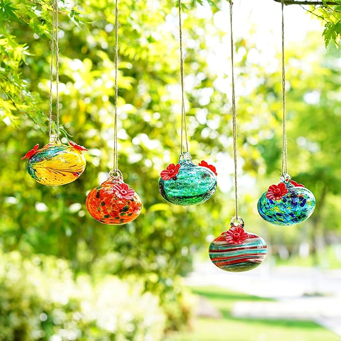 3.3OZ Glass Hummingbird Feeder with 2 Feeding Ports 3inch Blown Glass Hummingbird Feeder for Outdoors Hanging Garden Patio Decoration Uniques Gifts for Women
