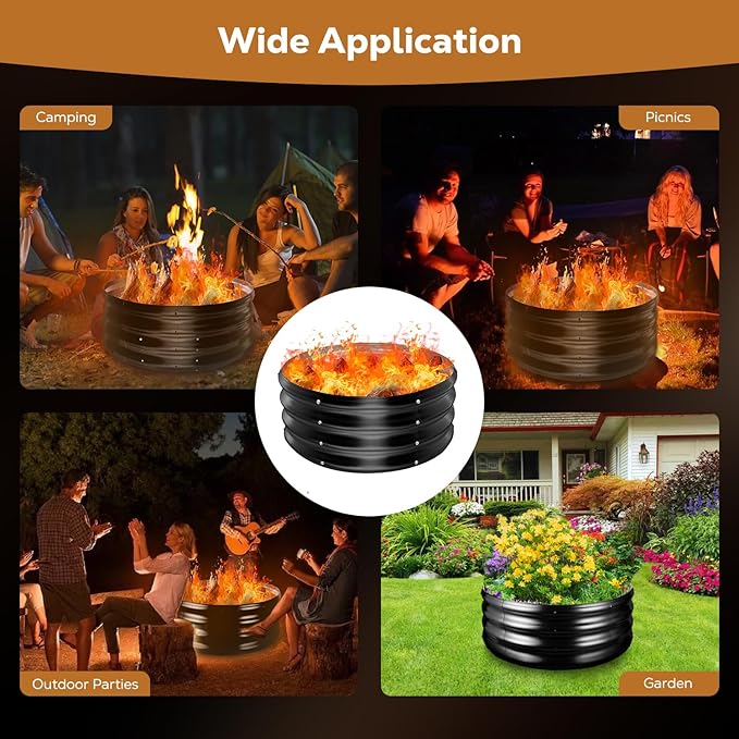 24 Inch Round Galvanized Fire Pit Ring, Round Galvanized Fire Ring, 2 Feet Diameter Round fire Pit, Outdoor fire Pit for Backyard, Camping, Bonfire, Black