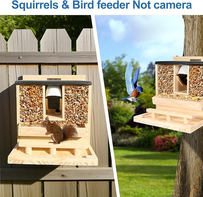 Squirrel Feeder Case for Outside, Durable Wooden Squirrel Feeder Can Install Camera(Not Camera), Funny Squirrel Houses Picnic Table, Squirrel Feeders for Outdoors Squrrill Nuts Bar