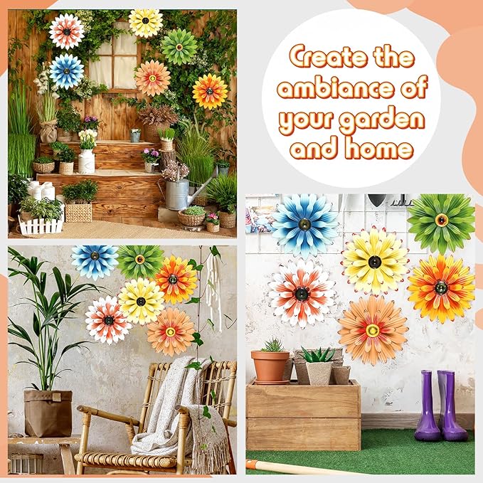 Zhehao 6 Pcs Metal Flower Wall Art Decor 12 Inch Sunflower Wall Decorations Hanging Outdoor Art Multicolored Handmade Metal Flowers Outdoor Decor(Elegant Color)