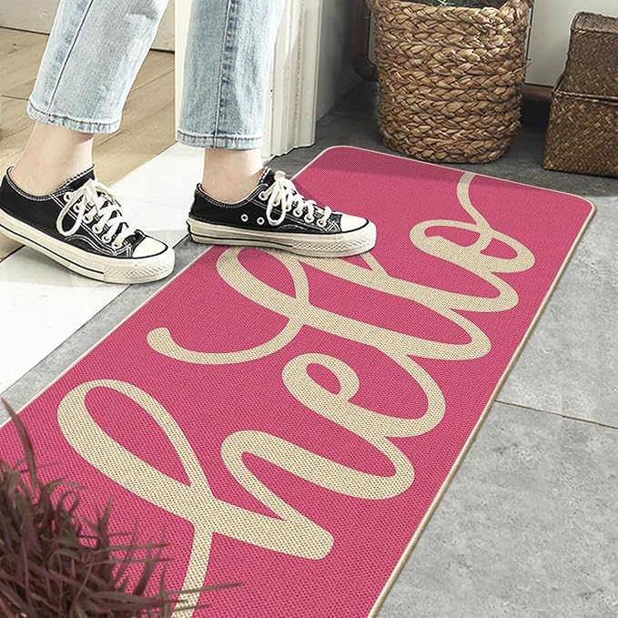 Artoid Mode Pink Hello Valentine's Day Doormat, Spring Summer Home Decor Low-Profile Switch Rug Door Mat Floor Mat for Indoor Outdoor 17x47 Inch