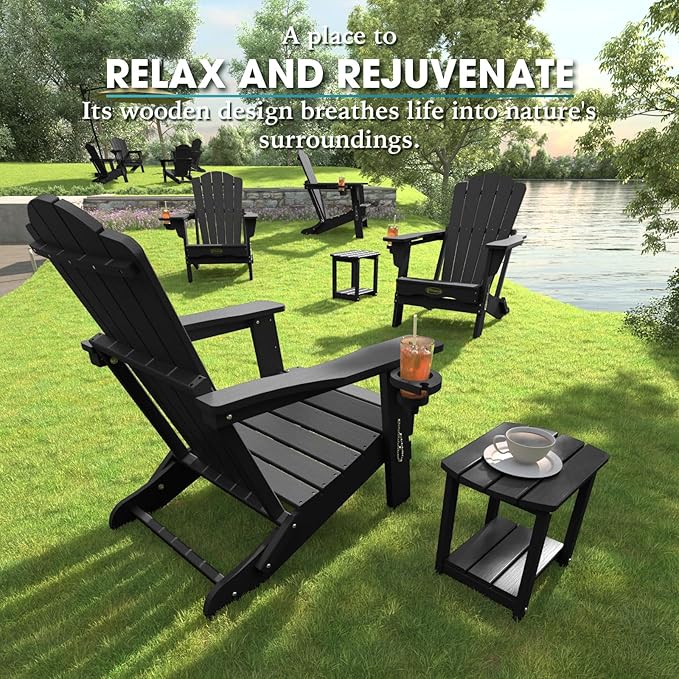 Folding Adirondack Chair,HDPE All-Weather Outdoor Chair with Cup Holder,Wooden Textured,Fire Pit Chair,Plastic Patio Chair for Deck,Backyard,Garden,Lawn(Black)