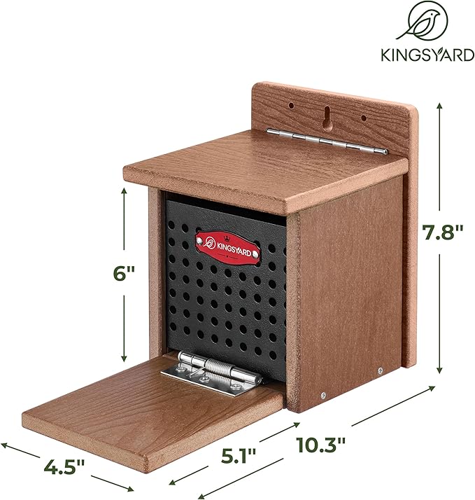 Kingsyard Squirrel Feeder Box for Outside, Recycled Plastic Squirrel Feeder with Removable Metal Front Panel & Perch, Easy to Fill & Clean, Weather-Proof Roof (Brown)