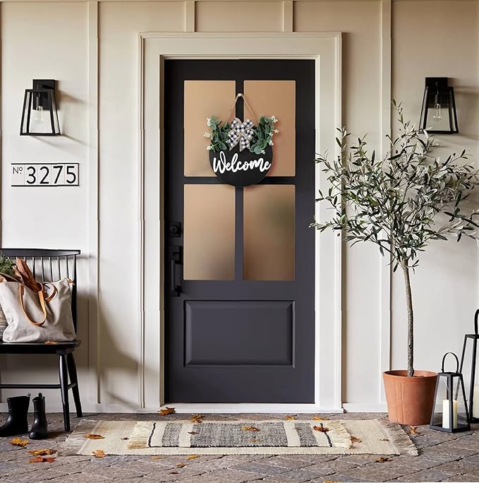 3D Front Door Welcome Wreath - Farmhouse Welcome Sign for Front Door - Vertical Concave Stripes Wooden Front Door Wreaths for Home Decor(Black) - Housewarming Gift