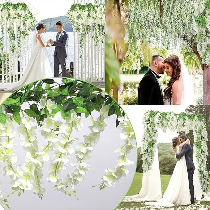 Findosom Wisteria Artificial Flowers Garland, 10Pcs Total 72FT White Wisteria Hanging Flowers, Flower Garland Decorations for Home Garden Outdoor Ceremony Wedding Arch Decoration