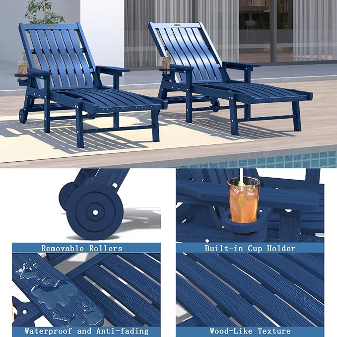 Patio Chaise Lounge Chair Set of 4, Oversized Lounge Chair Outdoor with 5 Positions, HDPE, Patio Lounge Chair with Wheels & Cup Holder for Pool, Deck, Poolside,Navy Blue