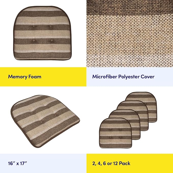 Sweet Home Collection Chair Cushion Memory Foam Pads Tufted Slip Non Skid Rubber Back U-Shaped 17" x 16" Seat Cover, 6 Count (Pack of 1), Bradford Chocolate/Beige