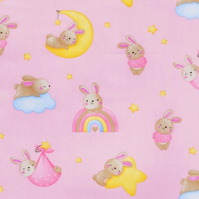 Scientific Sleep Pink Bunny Moon Star Cute Fun 100% Cotton Cozy Twin Bed Sheet Set, Flat Sheet & Fitted Sheet & Pillowcase Natural Bedding Set