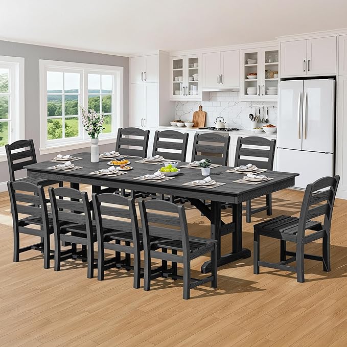 SERWALL 11 Piece Outdoor Dining Set, 84" HDPE Outdoor Table and Chairs for 10,All Weather Patio Furniture Set with Umbrella Hole for Backyard, Garden, Black