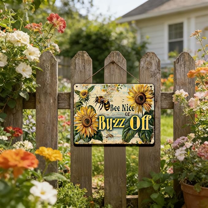 Garden Bee Sign Bee Nice or Buzz Off Decor Poster Vintage Metal Tin Sign Country Farmhouse Decor for The Home Garden Kitchen Office 16x12 Inch