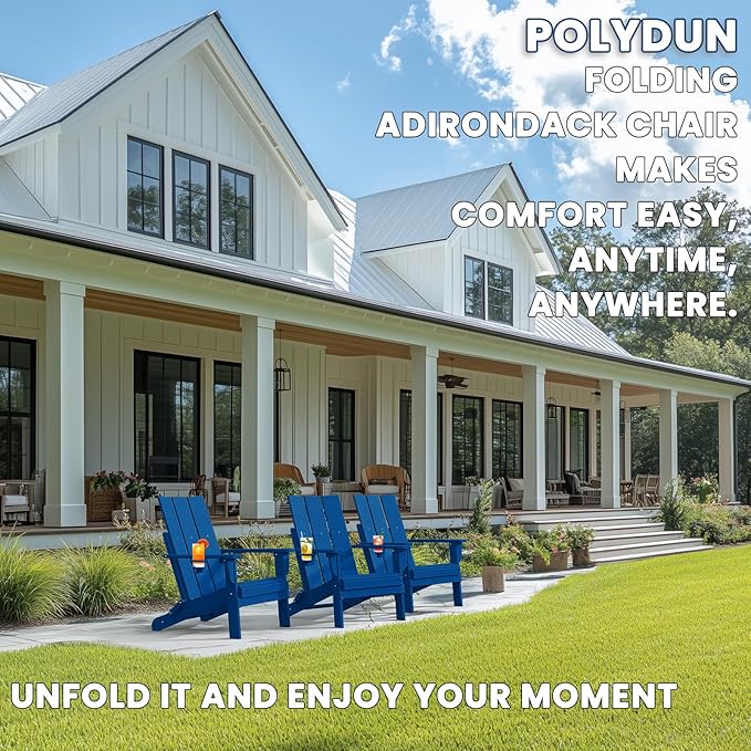 Adirondack Chair with Cup Holder, Folding Outdoor Lawn Chair, HDPE Plastic Fire Pit Chair, Weather Resistant Patio Chairs for Deck, Porch, Backyard, Garden, Navy Blue
