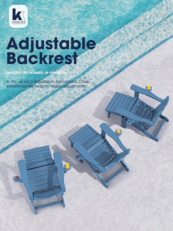 KINGYES Folding Adjustable Adirondack Chairs with Ottoman & 2 Cup Holders Set of 2, HDPE Adirondack Recliner Chair with Footrest, Blue