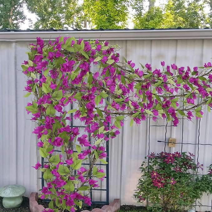 Artificial Bougainvillea Flowers Garland Purple Silk Bougainvillea Vines UV Resistant Realistic Faux Hanging Flowers Plants for Outdoor Outside Summer Decoration Porch Patio Balcony Yard Wall