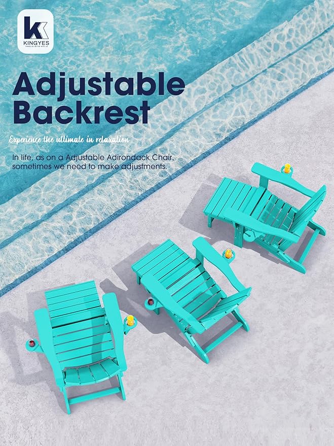 KINGYES Folding Adjustable Adirondack Chair with Retractable Ottoman Set of 4, HDPE Adirondack Recliner Chair with Footrest, Aruba