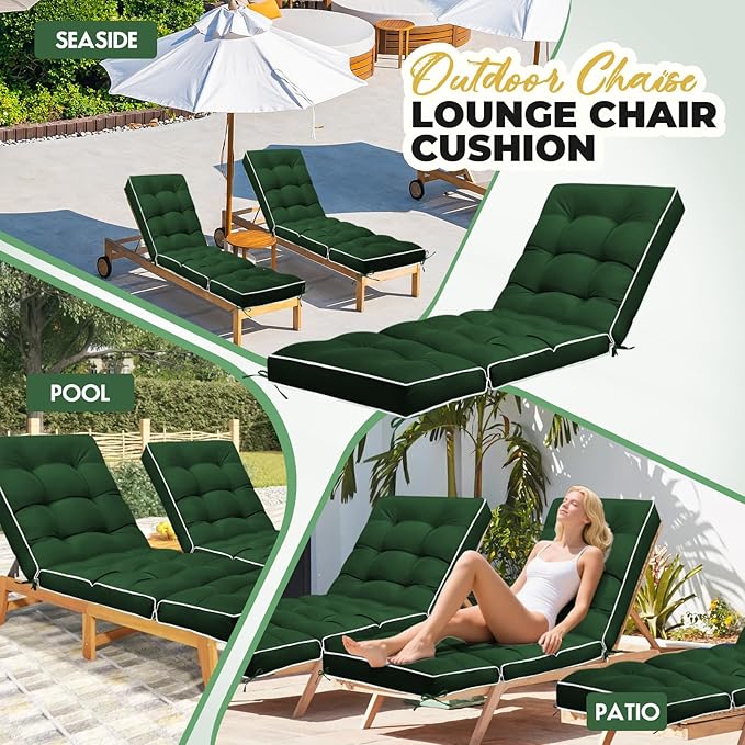 Outdoor Chaise Lounge Chair Cushion, Waterproof Non-Slip Patio Chaise Lounge Cushions for Outdoor Furniture, Thickened Patio Pool Lounger Chair Cushion, 76.4 x 22.8 x 4.7 Inches, Green