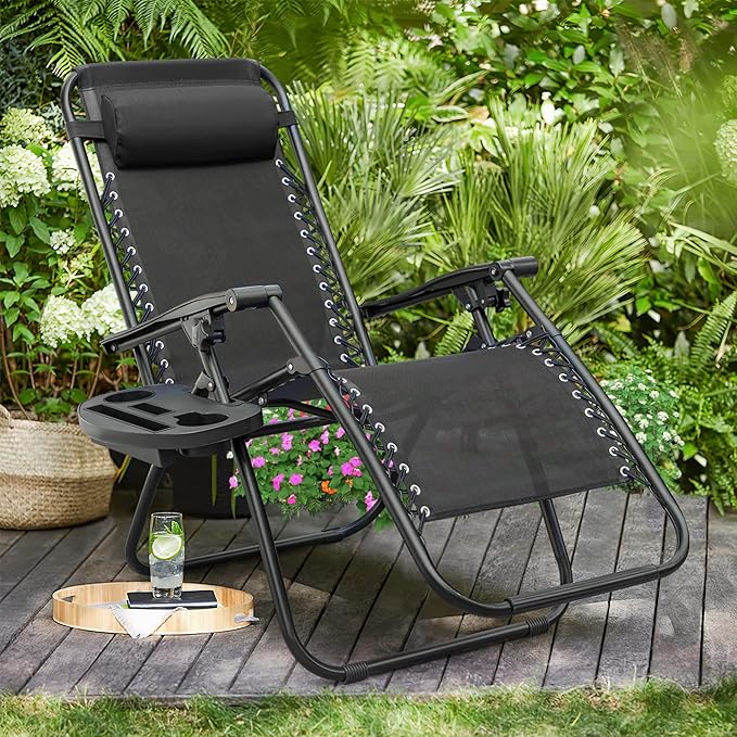 Flamaker Patio Zero Gravity Chair Outdoor Folding Lounge Chair Recliners Adjustable Lawn Lounge Chair with Pillow for Poolside, Yard and Camping (Black)