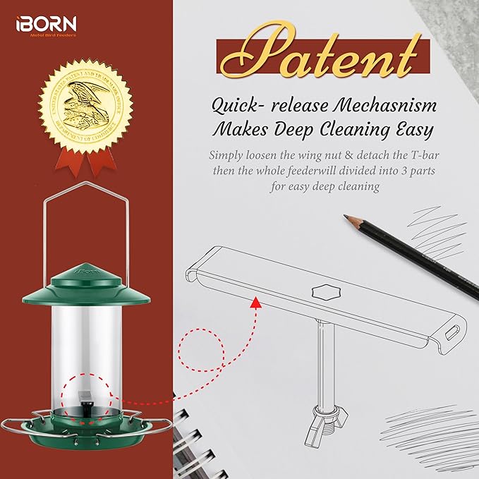 iBorn Bird Feeder Metal Squirrel Chew-Proof Bird Feeders for Outdoors Hanging for Cardinal Outside, Holds 1.5LB Seed with 3 Perchs, Green (Seed is not Included)