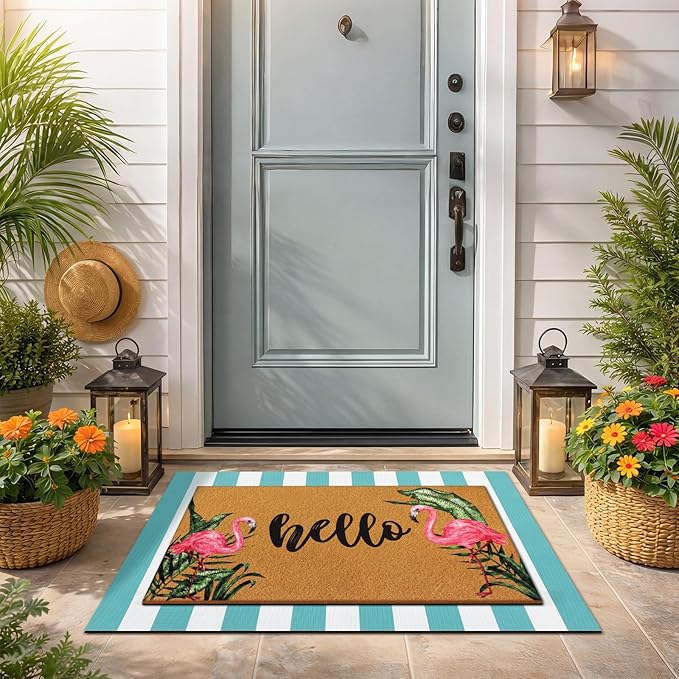 Tinideya 2 Pcs Door Mat Welcome Non Slip Coir Mats Floor Layering Doormats Seasonal for Front Porch Entryway Decor (Hello Flamingo)