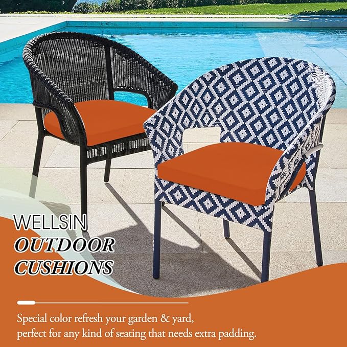 Wellsin Outdoor Chair Cushions for Patio Furniture, 3-Year Color Fastness Patio Chair Cushions Set of 6, Water Resistant Round Corner Outdoor Seat Cushions 17"X16"X2", Orange