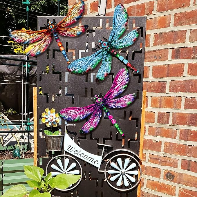 SUNREEK Metal Dragonfly Wall Decor, 9 Inches Dragonfly Outdoor Wall Art for Fence Garden Yard Patio Decorations