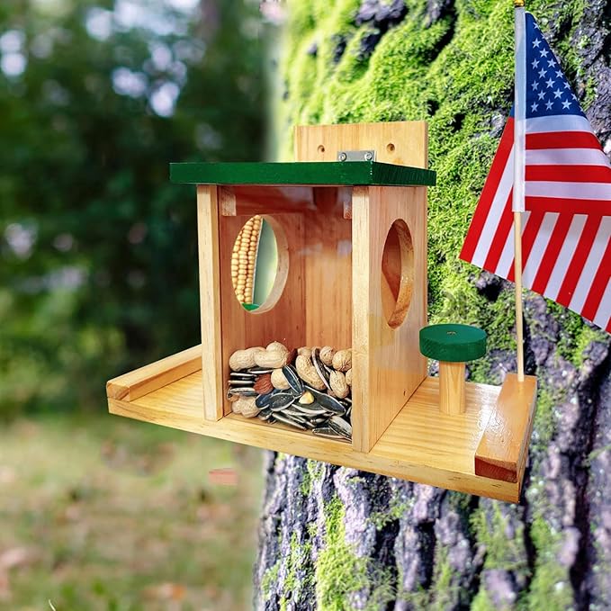 Squirrel Feeders for Outside, Wood Squirrel Picnic Table Feeder The Nut Bar with Corn Cob Holder, Wooden Squirrel Feeding Stations with Green Cover, Easy to Fill, Coated Waterproof