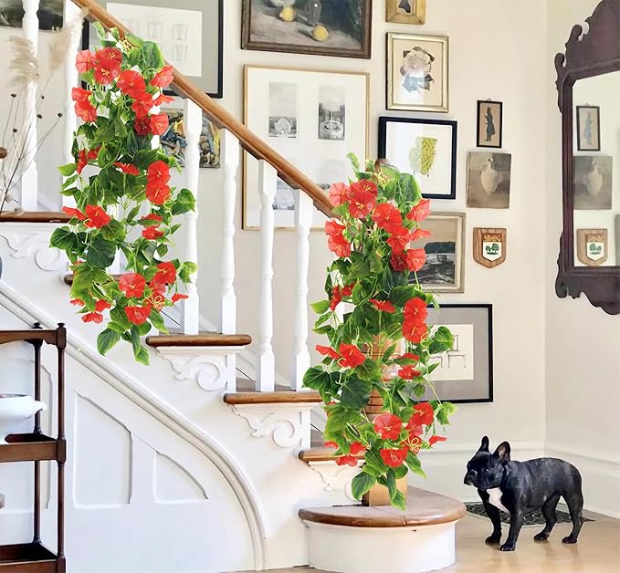 FERIAL Artificial Vines 15Feet Silk Flower Garland for Outdoors Red Morning Glory Vine Artificial Flowers Hanging Plants Garland Fake Green Plant 2Pcs for Wall Fence Indoor Wedding Banquet Decor