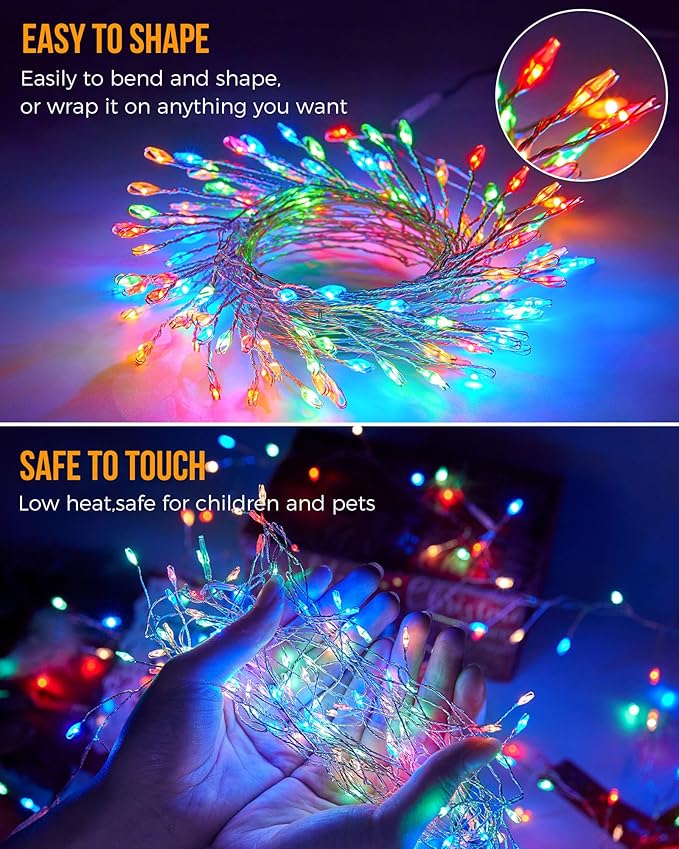 2Pack Battery Operated Fairy Lights, 10 Ft 120LEDs Firecracker String Lights Waterproof Silver Wire Starry Firefly Light for DIY Wreath Home Weeding Indoor Outdoor Christmas Decorations, Multicolor