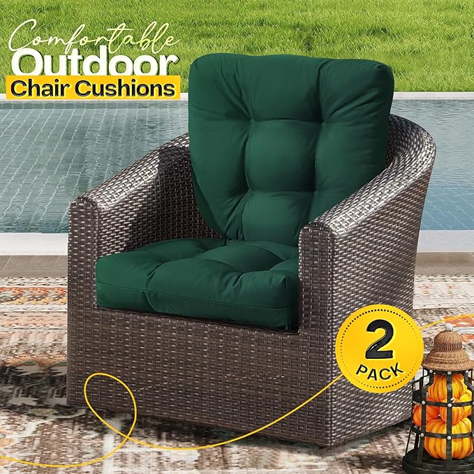 MAGIC ELEPHANT Outdoor Chair Cushions Set of 2, Memory Foam Seat Cushion Pads for Wicker Chair and Patio Furniture, 19 x 19 Inches (Green)