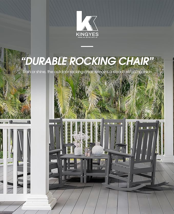 KINGYES Oversized Outdoor Rocking Chair Set of 6, All-Weather Patio Rocking Chairs for Porch, HDPE Outdoor Patio Rockers with High Back & Wide Seat for Garden, Lawn, Gray