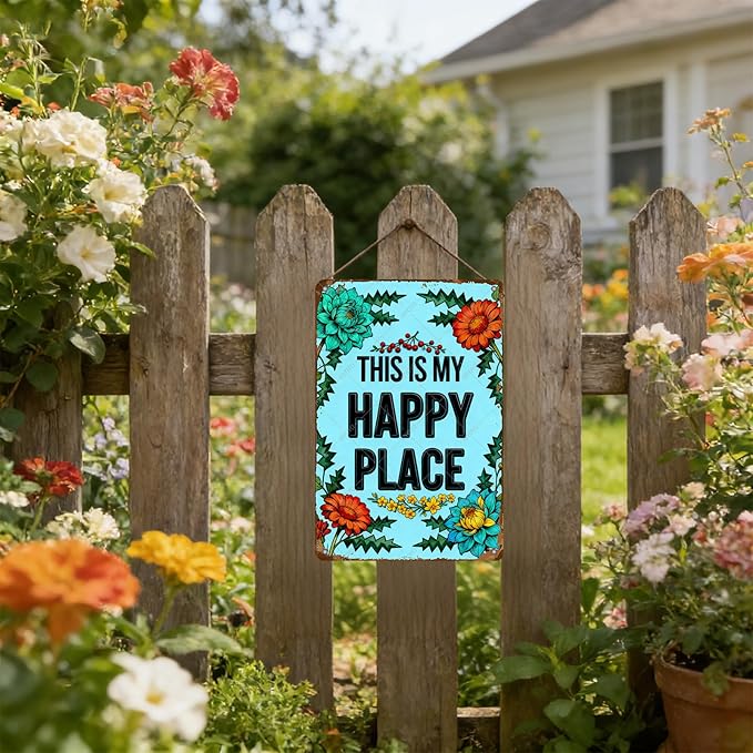 Garden Patio Yard Decor Metal Tin Sign Vintage Rustic Wall Art This Is My Happy Place Plaque for Outdoor Wall Decor 12x8 Inch